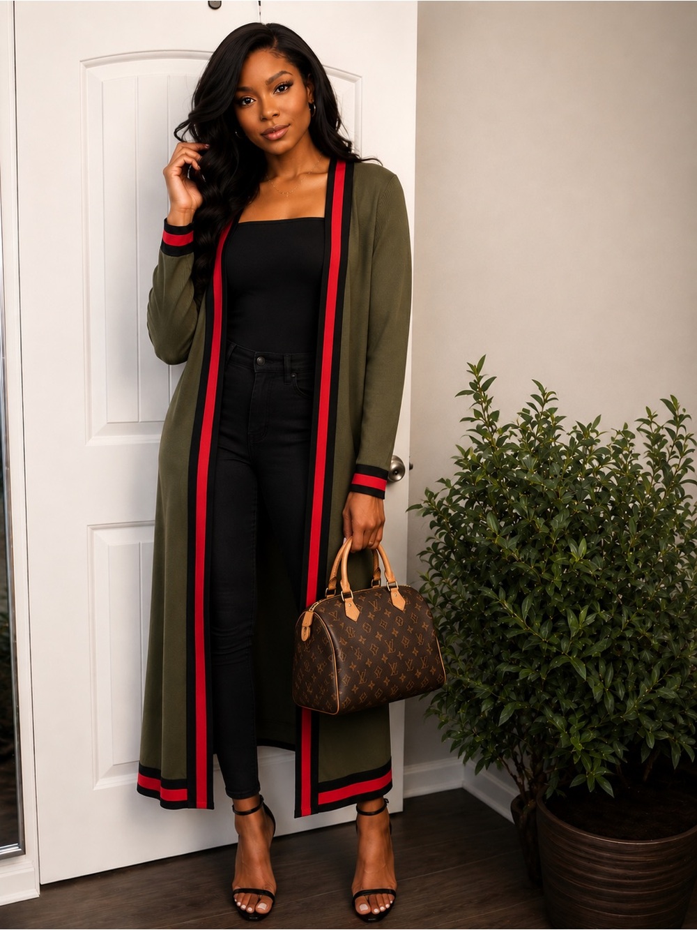 Fashion Nova Olive Green Maxi Duster with Red & Black Trim